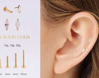 14K Solid Gold Tiny Marquise CZ Stud Earring/Threadless Push Pin Labret Stud/Cartilage Studs/Nose/Tragus/Conch/Helix Studs/Flat Back Earring