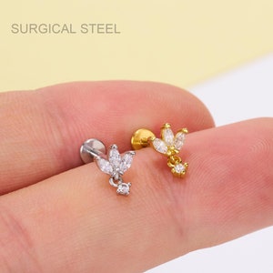 16G Stainless Steel Threadless Lotus Dangle CZ Cartilage Stud/Minimalist stud/Push pin labret/Nose Piercing/Flat Back Earring/Tiny gold stud
