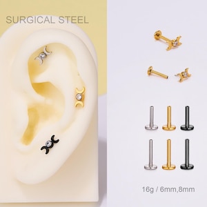 16G Surgical Steel Moon Phase Threadless Cartilage Stud/Crescent Flat back Earring/Push Pin Labret Piercing/Helix/Conch/Tragus/Nose Studs