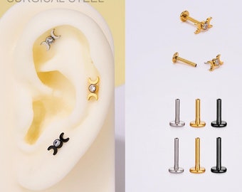 16G Surgical Steel Moon Phase Threadless Cartilage Stud/Crescent Flat back Earring/Push Pin Labret Piercing/Helix/Conch/Tragus/Nose Studs