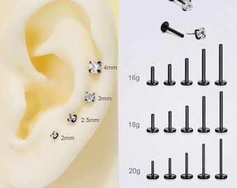 THREADLESS Push Pin Flat Back 16G/18G/20G Labret Stud,Implant Titanium Tiny Clear Prong CZ Nose/Tragus/Conch/Helix/Earlobe Flat Back Stud
