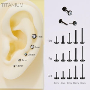 20G/18G/16G Titanium Tiny Black Bezel CZ Stud/Push Pin Labret/Threadless Flat Back Earring/Nose Stud/Cartilage Stud/Tragus/Helix/Conch Stud