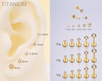 20G/18G/16G Titanio Piccolo Lunetta in oro CZ Perno/Pulsante Labret/Orecchino posteriore piatto senza filetto/Perno per naso/Perno per cartilagine/Trago/Elica/Perno a conchiglia