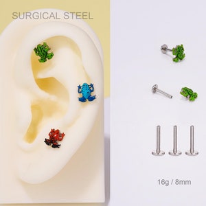 Tige de cartilage à filetage interne grenouille bleu/rouge/vert 16 g/boucle d'oreille minimaliste/piercing hélix/tragus/conque/boucle d'oreille arrière plat/piercing nez