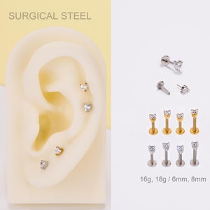 16G 18G Surgical Steel Heart CZ Threadless Stud/Push Pin Labret/Flat Back Cartilage Stud/Nose Piercing/Helix/Conch/Tragus Minimalist Earring