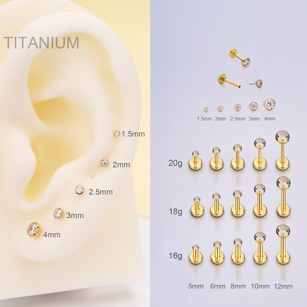 20G/18G/16G Titanium Tiny Gold Bezel CZ Stud/Push Pin Labret/Threadless Flat Back Earring/Nose Stud/Cartilage Stud/Tragus/Helix/Conch Stud