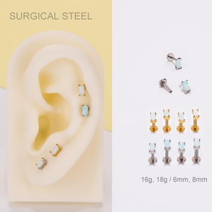 16G 18G Opal Rectangle Threadless Push Pin Labret Stud/Flat Back Earring/Cartilage Stud/Nose Stud/Minimalist Earring/Helix/Conch/Tragus Stud