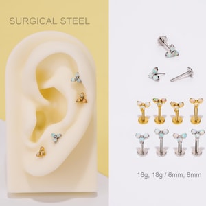 18G/16G Surgical Steel Trinity Opal Flower Cartilage Earrings/Push pin Labret/gold Nose stud/Flat Back Earring/Helix/Tragus/Conch Piercing