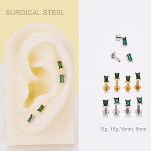 16G 18G Green CZ Rectangle Threadless Push Pin Labret Stud/Flat Back Earring/Cartilage Stud/Nose Stud/Minimalist Earring/Helix/Conch/Tragus