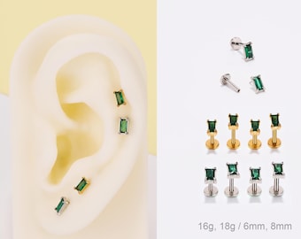 16G 18G Green CZ Rectangle Threadless Push Pin Labret Stud/Flat Back Earring/Cartilage Stud/Nose Stud/Minimalist Earring/Helix/Conch/Tragus