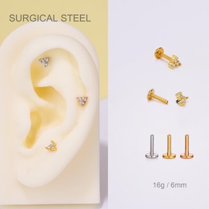 16G Internally Threaded Trinity Flower CZ Cartilage Stud/Minimalist Tiny Gold Stud/Helix/Tragus/Conch Piercing/Flat Back Earring/Silver Rose