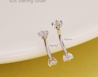 Pendiente de barra curva con circonita cúbica en forma de U, piercing para ceja, piercing para labio vertical, barra curva con rosca interna, en plata de ley 925 de 16 g