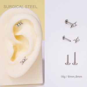 16G Crescent Threadless Moon Opal Cartilage Stud/Push pin Labret Piercing/Minimalist Earring/Medusa/Helix/Conch/Tragus Flat back stud/Nose