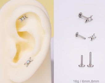 16G Crescent Threadless Moon Opal Cartilage Stud/Push pin Labret Piercing/Minimalist Earring/Medusa/Helix/Conch/Tragus Flat back stud/Nose
