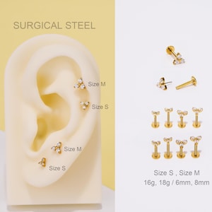 18G/16G Surgical Steel Gold Trinity Flower Cartilage Earrings/Nose stud/Nose Piercing/Flat Back Earring/Helix/Conch/tragus push pin stud