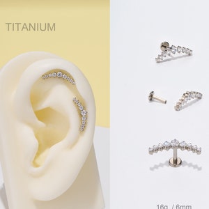 16G Titanium Internally Threaded CZ Curved Bar Piercing/Inner Conch piercing/Labret/Cartilage/Helix Studs/Dainty Climber Flat back Earrings