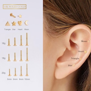 14K Massiv Gold THREADLESS Push Pin Herz/Mond/Stern/Dreieck Flachboden Labret Bolzen/Knorpel/Tragus/Conch/Helix/Nase Piercing 16G/18G/20G