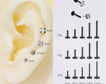 THREADLESS Push Pin Flat Back 16G/18G/20G Labret Stud,Implant Titanium Tiny Clear Prong CZ Nose/Tragus/Conch/Helix/Earlobe Flat Back Stud