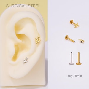 16G Internally Threaded Plane Cartilage Stud/Minimalist Earring/Helix/Tragus/Conch Piercing/Flat Back Earring/Tiny gold/silver/ Stud Earring