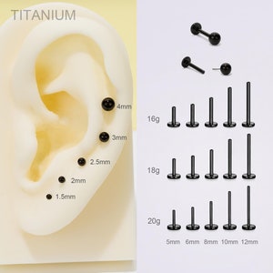 20G/18G/16G Titanium Black Ball Stud Push Pin Labret/Threadless Flat Back Earring/Tragus Stud/Helix Stud/Cartilage Stud/Nose Stud/Conch Stud