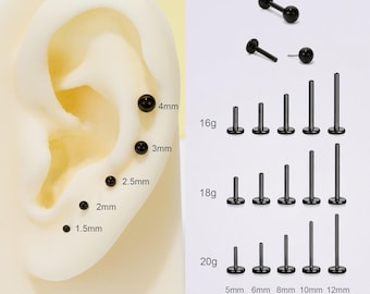 20G/18G/16G Titanium Black Ball Stud Push Pin Labret/Threadless Flat Back Earring/Tragus Stud/Helix Stud/Cartilage Stud/Nose Stud/Conch Stud
