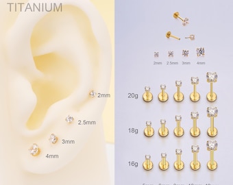 Orecchino a perno in titanio 20G/18G/16G con zirconi cubici e piccola montatura dorata/Labret a pressione/Orecchino a fondo piatto senza filettatura/Orecchino per naso/Orecchino per cartilagine/Orecchino per trago/Elice/Orecchino per conchiglia