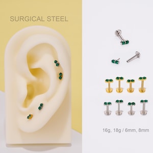 Boucles d'oreilles sans filetage pour cartilage CZ ovales vertes 16G/Helix/Tragus/Conque/Tige de piercing dans le nez/Boucles d'oreilles à l'arrière plat/Petite pierre précieuse émeraude/Cadeaux