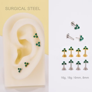 16G/18G Surgical Steel Green CZ Trinity flower stud earrings/Push Pin Threadless Flat Back Earring/Cartilage/Nose/Helix/Tragus/Conch Stud