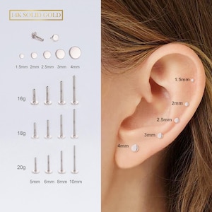 14K White Gold THREADLESS Tiny Disc Push Pin Flat Back 16G/18G/20G Labret Stud/Tiny Circle Ends/Nose/Tragus/Conch/Helix/Earlobe Stud Earring