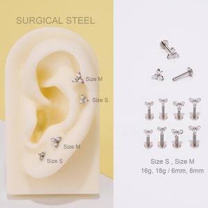 18G/16G Surgical Steel Trinity Flower Cartilage Earrings/Push pin Labret stud/Nose Piercing/Flat Back Earring/Helix/Conch/Tragus Stud/Gifts