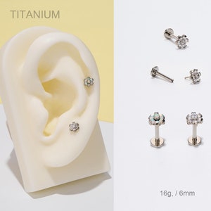 16G Titanium THREADLESS Push Pin Labret Stud/CZ Opal Flower Flat back Earring/Medusa/Monroe/Nose/Tragus/Conch/Helix  Piercing stud/Gifts