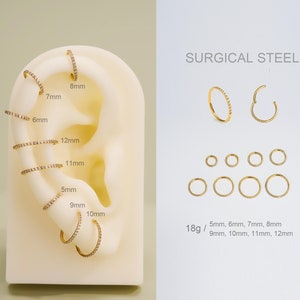 Anneau de nez/anneau de nez/boucles d'oreilles Huggies/cartilage/Tragus/Helix Hoop/Conque scintillant CZ en acier chirurgical or 18G pavé