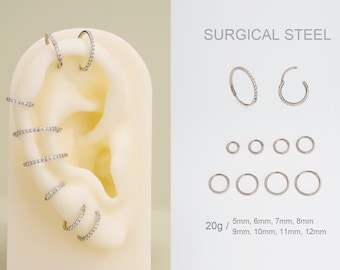 20G Surgical Steel Nose Ring/Paved CZ Hoop Clicker/Cartilage Hoop/Conch Earring/Daith Ring/Tragus Jewelry/Helix Hoop/Earlobe Earrings/Gifts