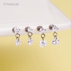 16G Titanium Threadless dangle Cartilage Stud/Push pin Star/Heart/Square CZ drop Earring/Nose Piercing/Flat Back Helix/Conch/Tragus Stud
