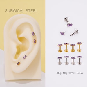 16G 18G Threadless Purple Oval CZ Cartilage Stud Earring/Helix/Tragus/Nose Gem Piercing/Flat Back Earring/Tiny Gem Push Pin labret stud/Gift