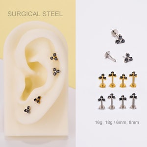 16G/18G Black CZ Trinity flower stud earrings/Floral Piercing Stud/Push Pin Threadless Flat Back Earring/Cartilage/Helix/Tragus/Nose Stud