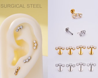 20G/18G/16G 3 Stones Push Pin Labret Stud/Threadless Flat Back Earring/Conch Stud/Tragus/Helix Stud/Cartilage Stud/Nose Stud/Tiny Gold Studs