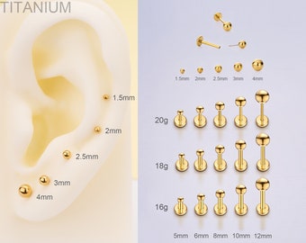 20G/18G/16G Titanium Gold Ball Stud Push Pin Labret/Threadless Flat Back Earring/Tragus Stud/Helix Stud/Cartilage Stud/Nose Stud/Conch Stud