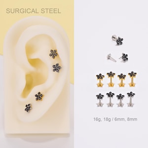 16g 18g Black flower stud earrings/Push Pin Labret Stud/Threadless Flat Back Earring/Cartilage Stud/Nose Stud/Helix/Tragus Conch Piercing