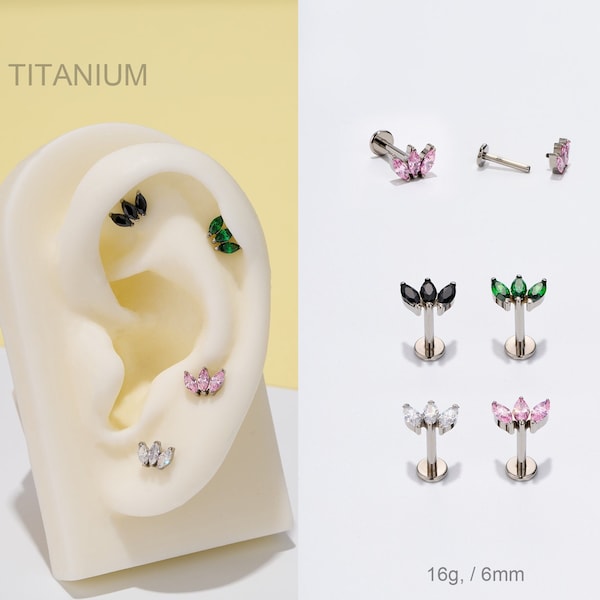 16G Titanium Crown Cartilage Stud/Internally Threaded Lotus Flower Earring/Labret/Helix/Tragus/Conch Piercing Stud/Flat Back Earring/Gifts