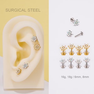 16G/18G Opal flower stud earring/Threadless Push Pin Labret/Flat Back Earring/Cartilage Stud/Helix/Tragus/Conch Piercing stud/Tiny Gold Stud
