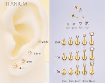 20G/18G/16G Titanium Tiny Gold Prong CZ Stud/Push Pin Labret/Threadless Flat Back Earring/Nose Stud/Cartilage Stud/Tragus/Helix/Conch Stud