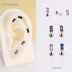 16G Titanium Internally Threaded Baguette CZ Cartilage Stud/Rectangle Earring/Helix/Tragus/Conch Piercing/Flat Back Earring/Tiny Silver Stud