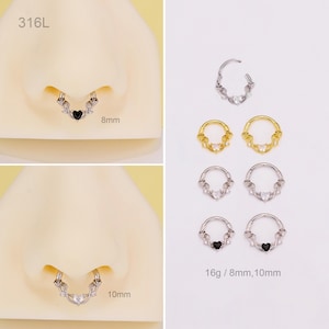 16G Rose Flower Heart CZ Daith Hoop/Minimalist Nose Septum Ring 8,10MM/Septum Hoop/Nose Jewelry/Septum Clicker/Helix/Conch/Gold Silver Black