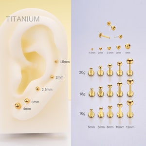 20G/18G/16G Titanium Gold Ball Stud Push Pin Labret/Threadless Flat Back Earring/Tragus Stud/Helix Stud/Cartilage Stud/Nose Stud/Conch Stud