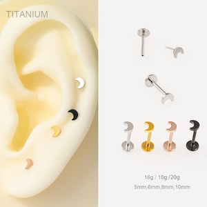 16G/18G/20G Titanium Moon Threadless Push Pin Flat Back Stud/Black/gold/Silver Cartilage/Conch/Helix/Tragus Studs/Flat Back Labret Piercing