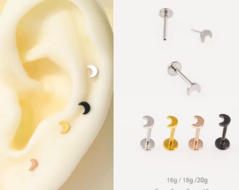 16G/18G/20G Titanium Moon Threadless Push Pin Flat Back Stud/Black/gold/Silver Cartilage/Conch/Helix/Tragus Studs/Flat Back Labret Piercing