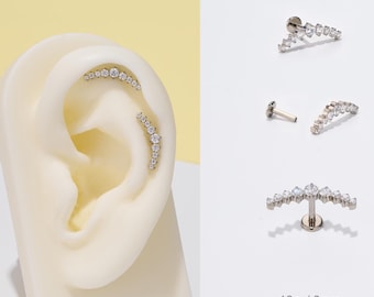 16G Titanium Internally Threaded CZ Curved Bar Piercing/Inner Conch piercing/Labret/Cartilage/Helix Studs/Dainty Climber Flat back Earrings