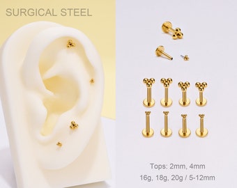 18G/16G Surgical Steel Gold Trinity Bead THREADLESS Push Pin Labret/Flat Back Earring/Tragus//Helix/Conch/Cartilage Tiny Stud/Nose Piercing