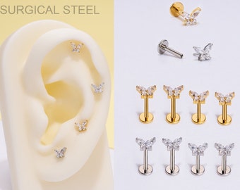 20G/18G/16G Butterfly CZ Push Pin Labret  Stud/Threadless Flat Back Earring/Tragus/Conch/Helix Stud/Cartilage Stud/Nose Stud/Tiny Gold Studs